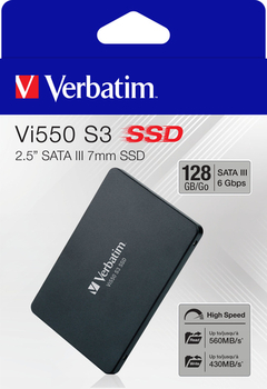 Unidad De Estado Solido Ssd Verbatim Vi550 S3 128gb, 2.5 Pulg, Serial Ata Iii 6 Gbit/s, Lectura 560 Mb/s, Escritura 430 Mb/s en internet