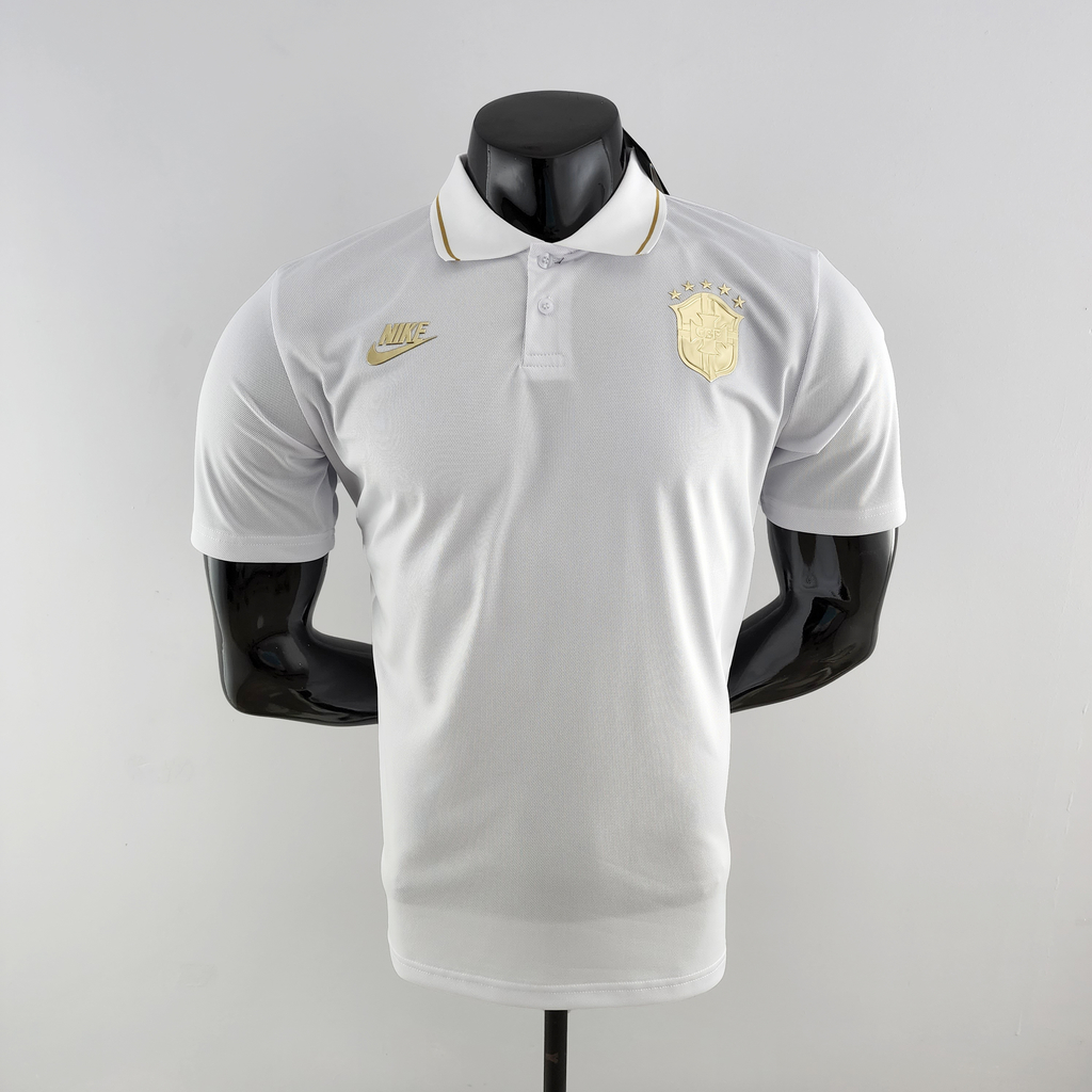 Camisa Polo Brasil 2022 Nike Branca e Dourada