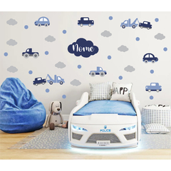 Kit Adesivo de Parede Carros - Papel de Parede Carrinhos Quarto Infantil Nome Personalizado - Adesivo de Parede Infanti