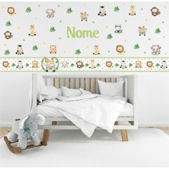 Kit Adesivo de Parede Safari + 03 Faixas + Nome Personalizado Decoração Quarto Papel de Parede - Studio Algo Mais