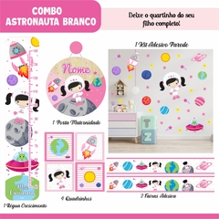 Adesivo de Parede + Faixas + Régua + Porta Maternidade + Quadros Astronauta Rosa e Branco - Studio Algo Mais