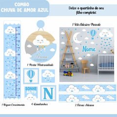 Adesivo de Parede + Faixas + Régua + Porta Maternidade + Quadros Chuva de Amor Azul - Decoração Quarto de Bebê - Studio Algo Mais