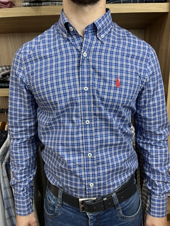 Camisa Xadrez 100% Algodão | Quadriculado Azul com pônei vermelho | Manga Longa na internet