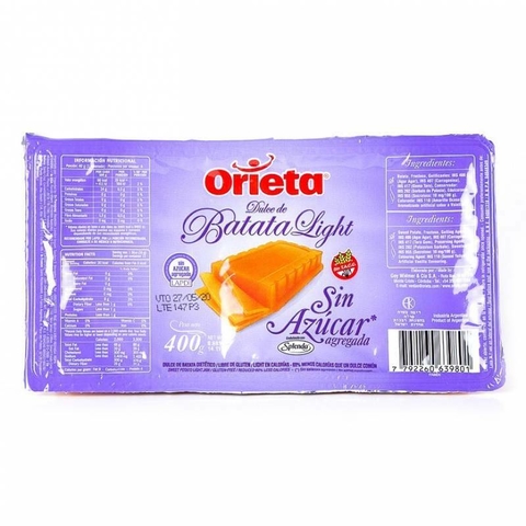 DULCE DE BATATA SIN AZUCAR AGREGADA X 400G - ORIETA