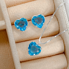 Conjunto Coração Azul Piscina Prata 925 45cm | Necklace Joias