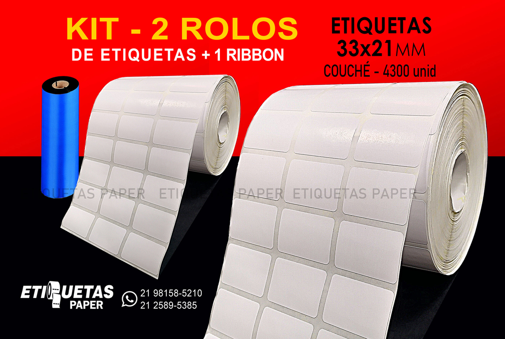 ETIQUETAS 33X21 couché KIT 2 RL e 1 ribbon cera para impressoras térmicas  Argox, Elgin L42