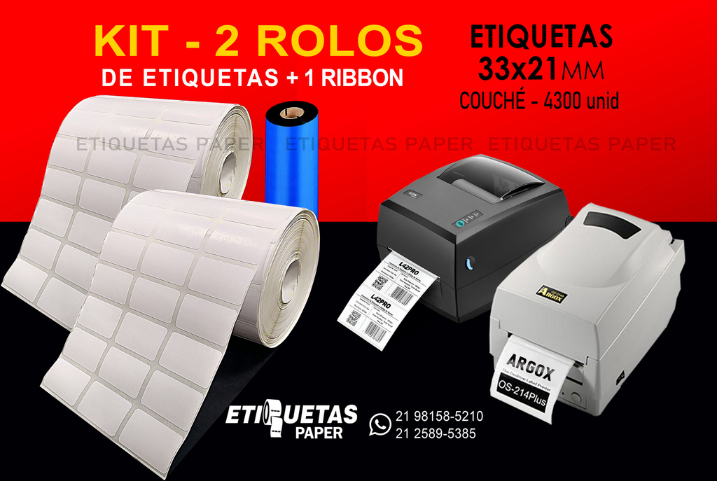 ETIQUETAS 33X21 couché KIT 2 RL e 1 ribbon cera para impressoras térmicas  Argox, Elgin L42 pro e outras