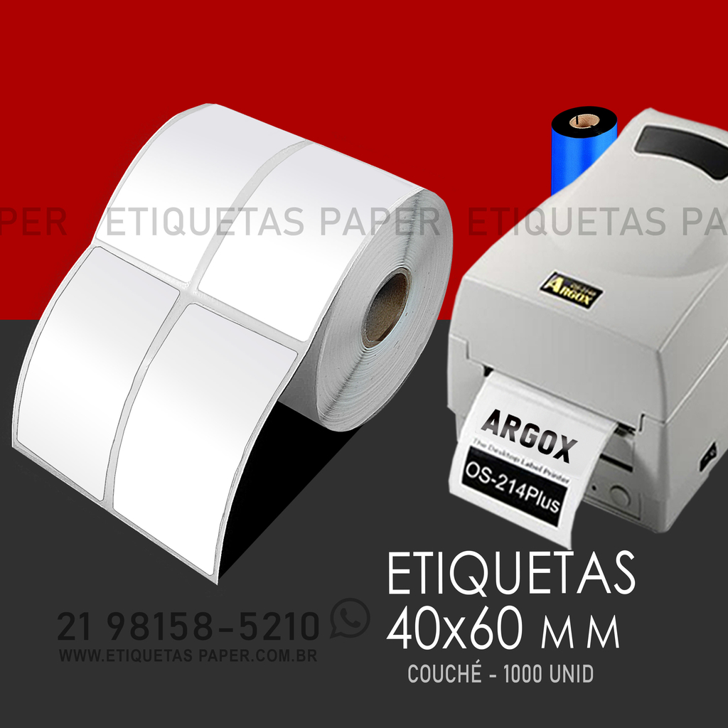 Etiquetas 40x60 mm couché adesiva para impressora térmicas como Argox os214  plus, impressora Elgin L42 pro, Impressora Zebra zd220