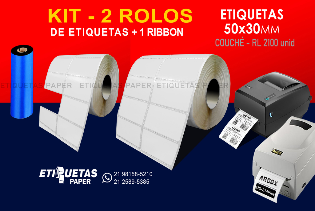 Etiquetas 50x30 KIT 2 rolos adesivos bra e 1 ribbon cera para impressoras  térmicas Elgin L42
