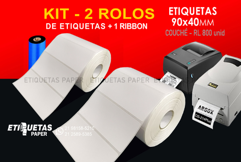 Etiquetas 90x40 couché kit 2 rolos branco e 1 ribbon cera para impressoras  térmicas Elgin L42 PRO,