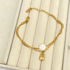 Pulsera doble perla y candado dorada - 2170P