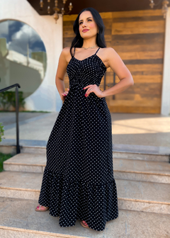 Vestido Longo Alcinha Acinturado Estampa Poá Preto