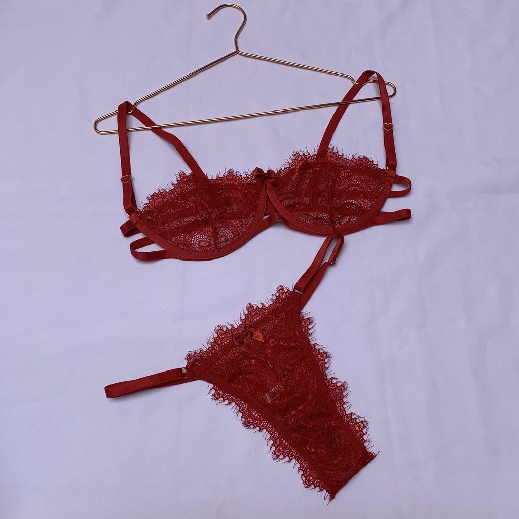 Conjunto de Lingerie Sexy Bia Vermelho e Preto