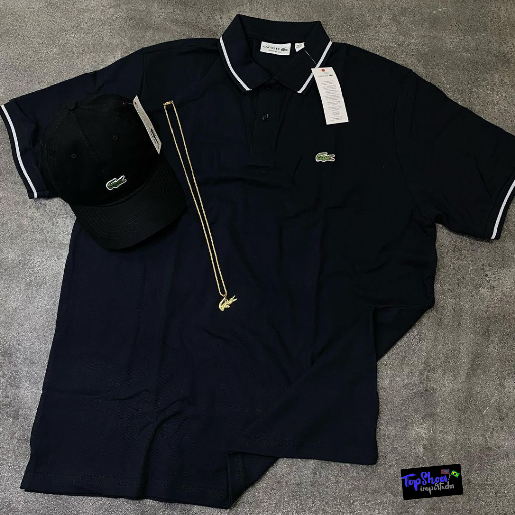 Kit CamisaLacoste Gola Polo Preta Malha Peruana + Boné Lacoste Preto Smal  Croc + Cordão c/