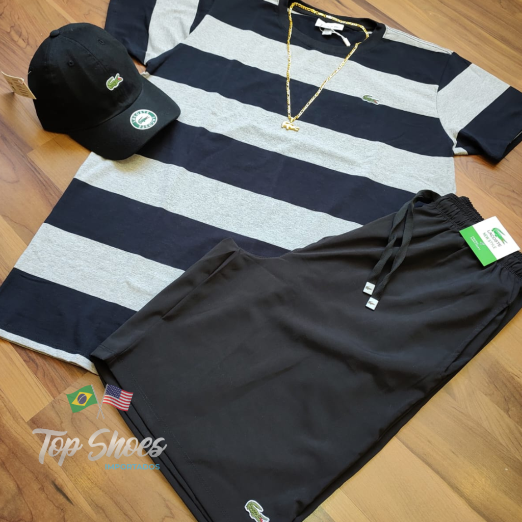 Kit Lacoste Camisa Listrada Preto Com Cinza Malha Peruana C