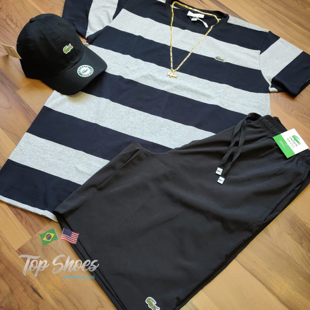 Kit Lacoste Camisa Listrada Preto Com Cinza Malha Peruana C/ Bermuda Lacoste  Preto Boné Smal Croc Preto Cordão Brinde!