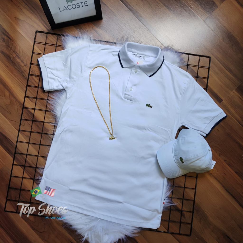 Kit Polo Da Lacoste Branca Malha Peruana C/ Boné Branco Smal Croc (cópia)