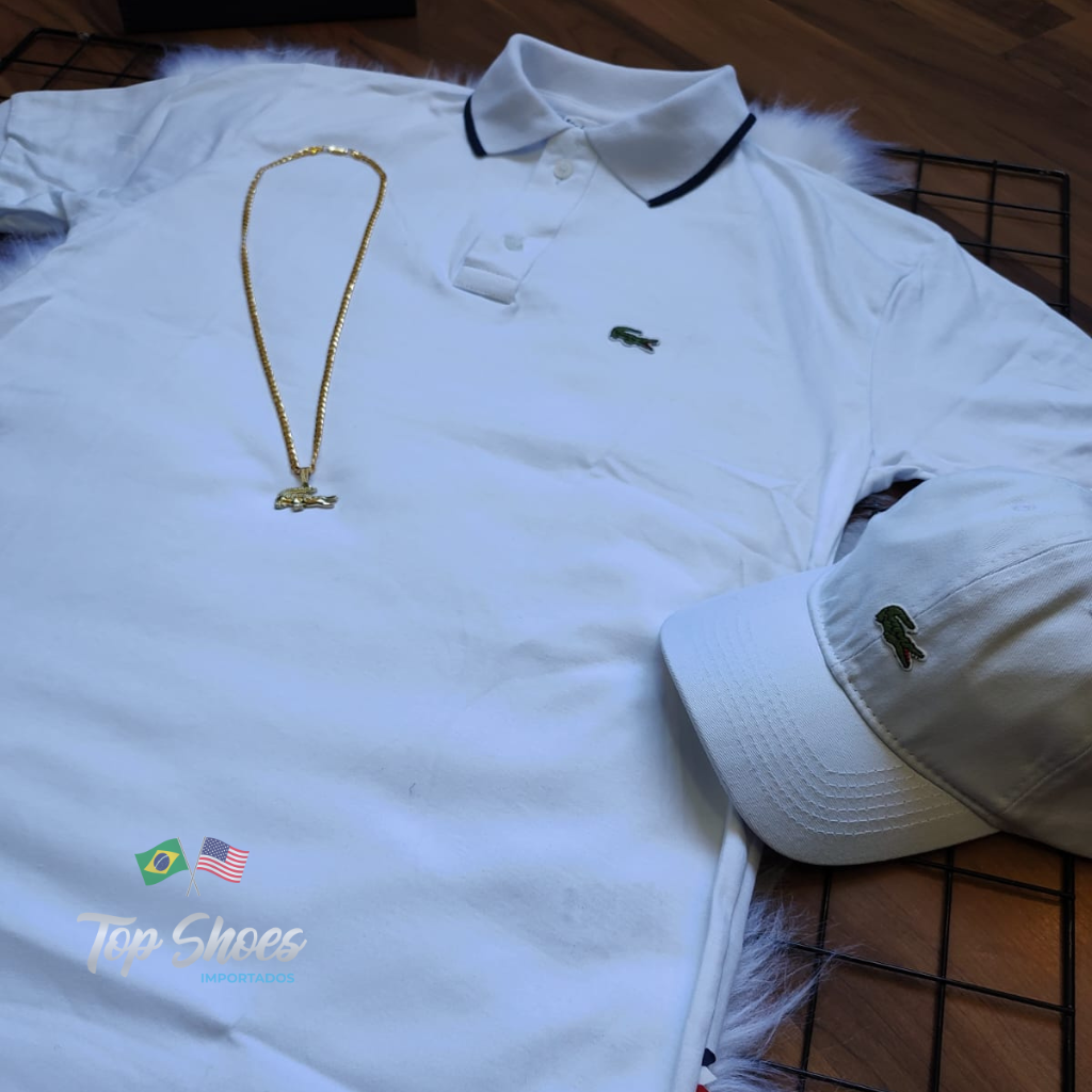 Kit Polo Da Lacoste Branca Malha Peruana C/ Boné Branco Smal Croc (cópia)