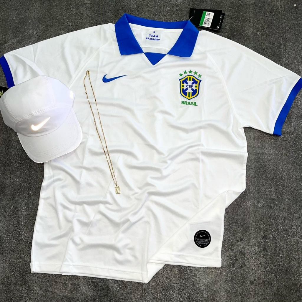 Camisa Nova Seleção Brasileira Branca Polo Gola Azul Of