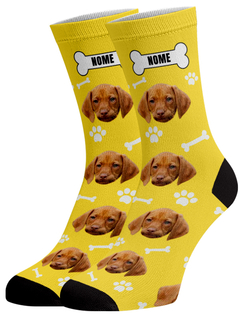 Meia Divertida e Colorida Dog Amarelo Nome - Personalizada com sua Foto! - Unissex