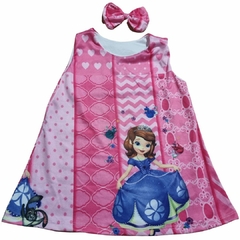 Vestido Infantil Trapézio c/ Laço de Cabelo Princesa Sofia