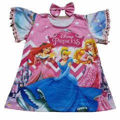 Vestido Inf. Manga Pom Pom Laço Cabelo Princesas 1/2 anos