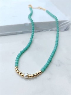 Choker Cristais Verde Água Pérola e Bolinhas Banhado a Ouro