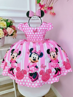 Vestido Infantil Minnie Rosa Cinto de Pérolas Princesas