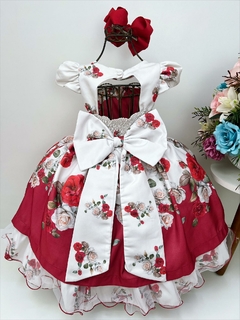 Vestido Infantil Off Floral Vermelho Cinto de Pérolas Luxo - Gilerá Fashion