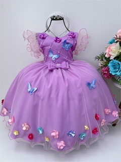 Vestido Infantil Lilás Busto com Pérolas e Aplique Borboletas