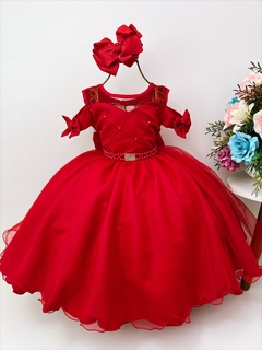 Vestido Infantil Vermelho Busto Pérolas Luxo