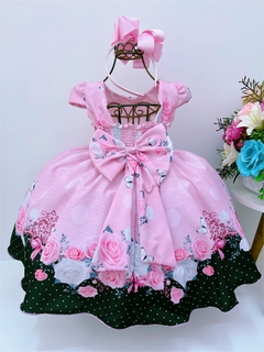 Vestido Infantil Rosa Flores e Borboletas Cinto de Pérolas na internet