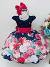 Vestido Infantil Azul Marinho Renda Jardim Flores