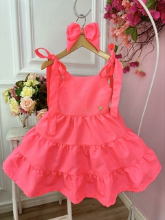 Vestido Infantil Goiaba Neon Strass no Busto Festa Casual