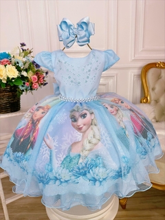 Vestido Infantil Frozen Elsa e Anna Azul Princesas Pérolas