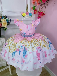 Vestido Infantil Unicórnio Rosa Luxo com Cinto de Pérolas