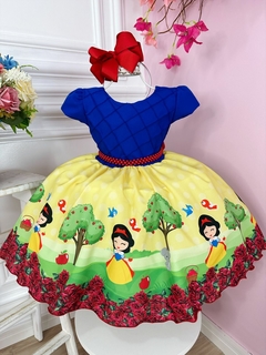 Vestido Infantil Branca de Neve Azul Com Pérolas Princesas