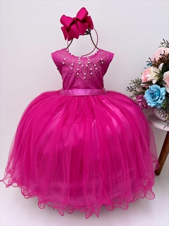 Vestido Infantil Longo Damas de Honra Pink Strass e Pérolas