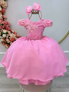 Vestido Infantil Rosa Renda Damas Cinto Pérolas