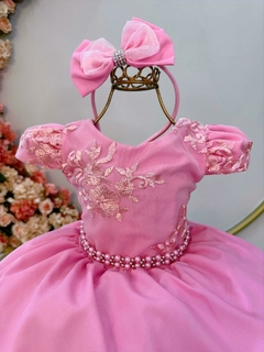 Vestido Infantil Rosa Renda Damas Cinto Pérolas - comprar online