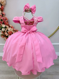 Vestido Infantil Rosa Renda Damas Cinto Pérolas na internet