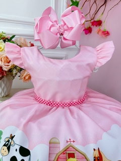 Vestido Infantil Fazendinha Rosa Com Cinto de Pérolas - comprar online