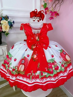 Vestido Infantil Moranguinho Vermelho Cinto de Pérolas Luxo na internet