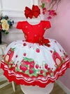 Vestido Infantil Moranguinho Vermelho Cinto de Pérolas Luxo