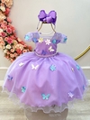 Vestido Infantil Lilás Com Aplique Flores Borboletas Pérolas