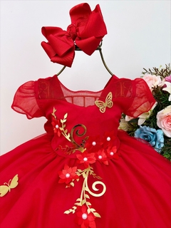 Vestido Infantil Vermelho Apliques Douradas e Flores Luxo - comprar online