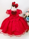 Vestido Infantil Vermelho Apliques Douradas e Flores Luxo na internet