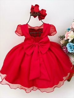 Vestido Infantil Vermelho Apliques Douradas e Flores Luxo na internet