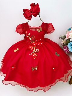 Vestido Infantil Vermelho Apliques Douradas e Flores Luxo