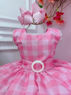 Vestido Infantil Barbie Rosa Xadrez Branco Cinto com Fivela - comprar online